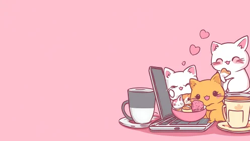 Cute Cats with Coffee and Gadgets in Pink Workspace.