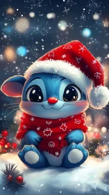 Blue cartoon animal wears Santa hat in snowy forest night