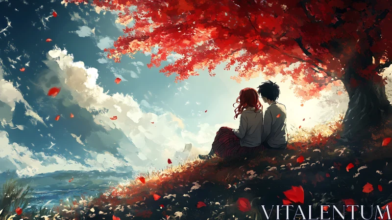 Romantic couple under scarlet tree framed by expansive sky