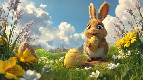 Digital rabbit holds decorated eggs in stylized meadow scene