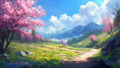 Spring mountain path curves through bright valley landscape