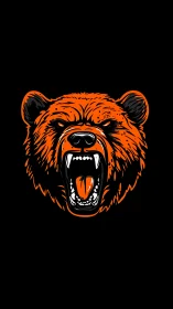 Roaring orange bear head erupts from darkness in bold focus.