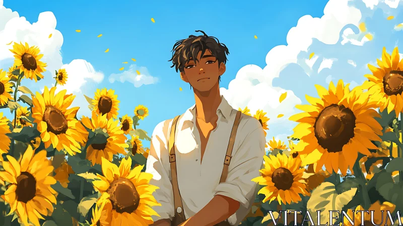Sunlit young man standing in golden sunflower field.