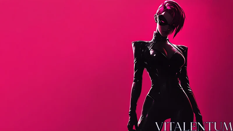 Masked figure in black suit against monochrome magenta backdrop.