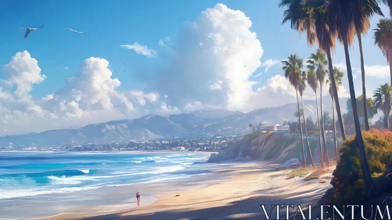 Coastal shoreline scene shows palm-lined cliffs and distant city