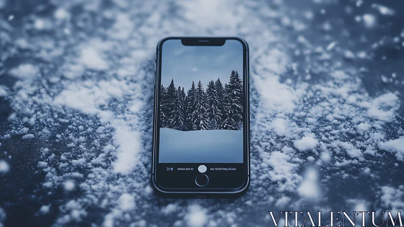 Smartphone screen framing snowy forest in winter landscape.