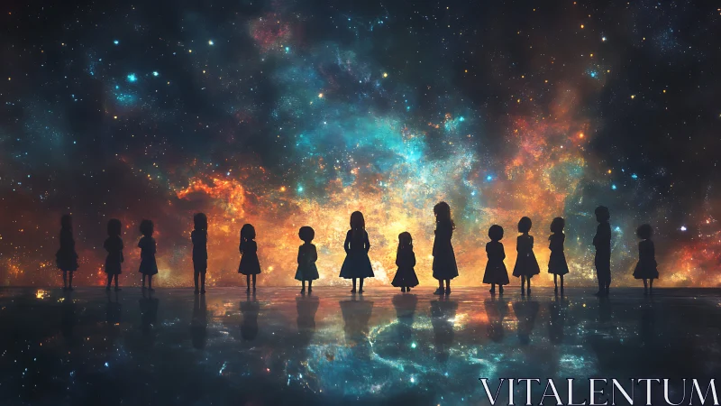 Stargazing silhouettes gathered beneath a glowing cosmic sea.