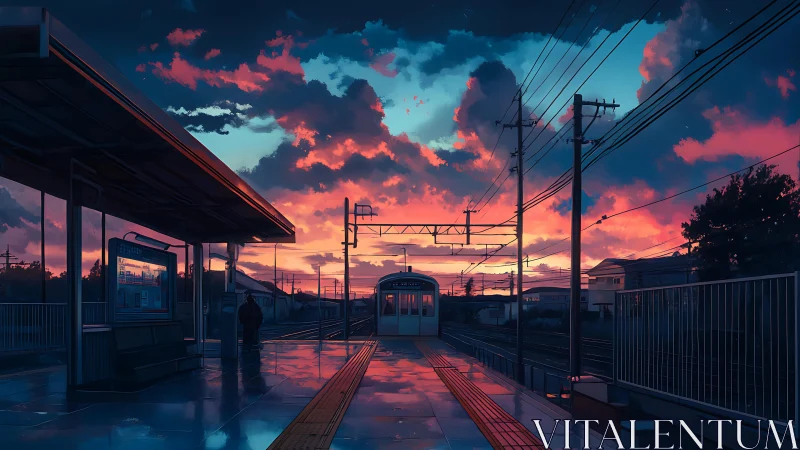 Twilight train platform under vivid neon-streaked clouds.