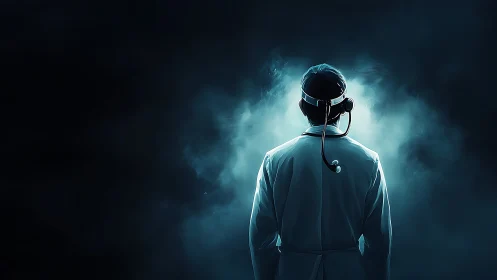 Digital painting of solitary surgeon in luminous misted void.