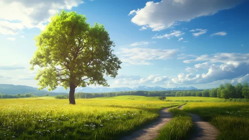 Solitary green tree beside winding path in open field.