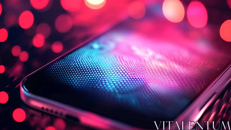 Smartphone display surface shows pixel grid under neon light