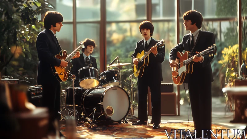 1960s-style teen band rehearses guitars in sunlit studio