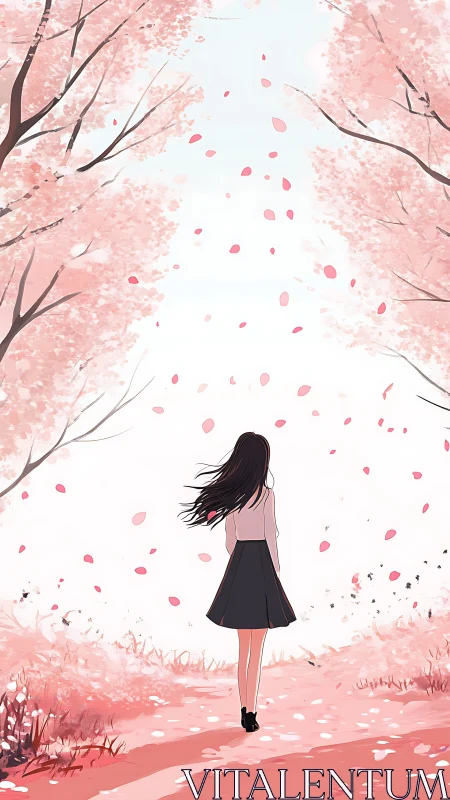 Girl strolling under soft pink cherry blossom daydreams.