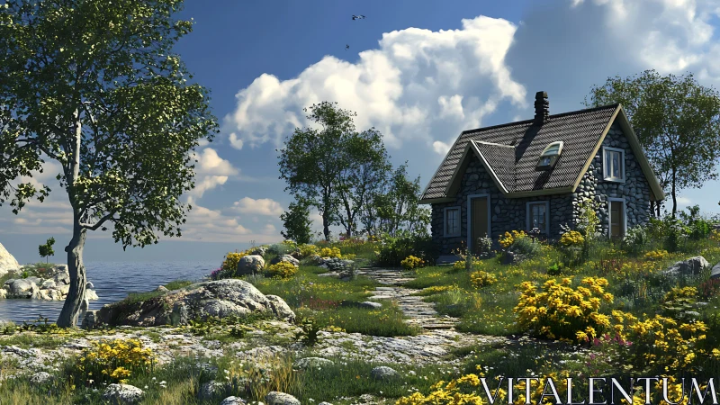 Sunlit stone cottage by the lake wrapped in wildflower calm.