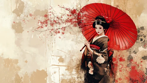 Geisha stands with red parasol against textured abstract wall