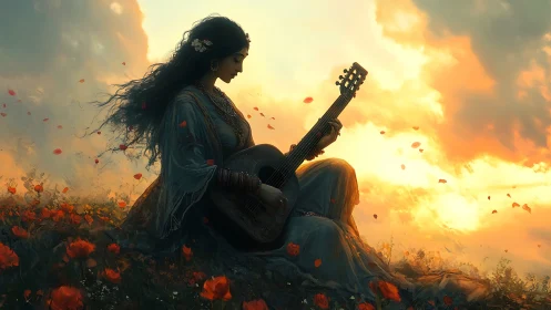 Sunset ballad drifts from a wildflower throne of dreams