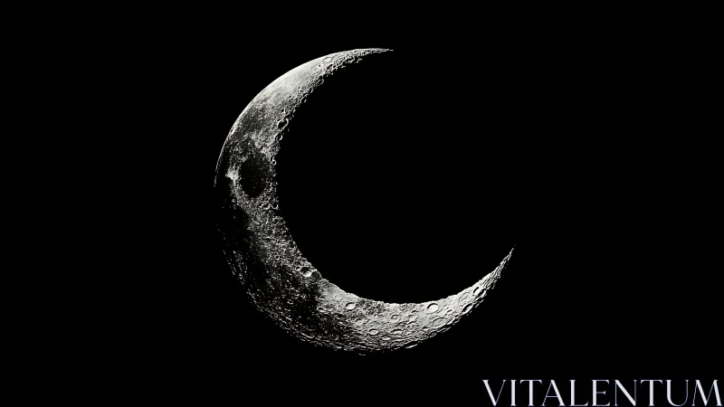 Luminous cratered crescent moon carved from midnight velvet.