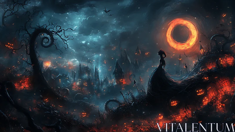 Silhouetted figure observes nocturnal landscape under fiery ring