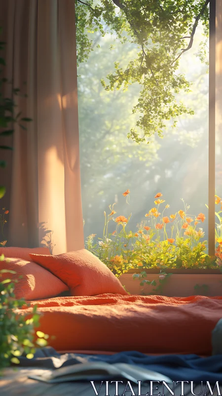 Digital painting of sunlit bedroom with botanical window view.