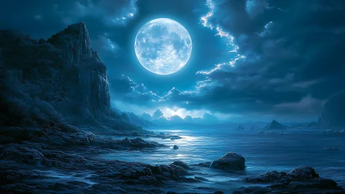 Luminous full moon over crystalline tidal seascape at night.