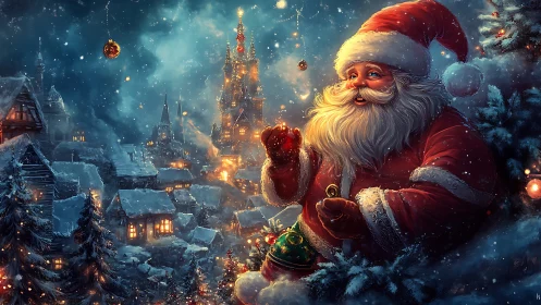 Santa in luminous winter village with glowing ornaments.