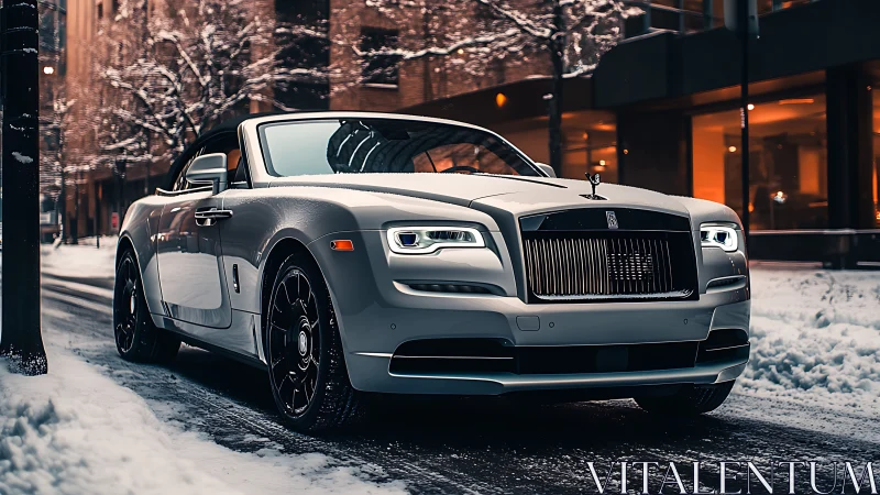 Rolls-Royce convertible parked on snowy urban street at dusk