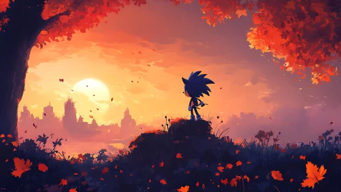 Silhouetted hedgehog studies sunset skyline in warm gradient sky