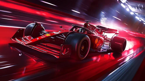 Scarlet velocity rocket car slicing through neon speed tunnels.
