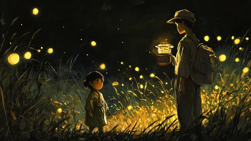 Sibling firefly walk glowing with gentle summer magic.