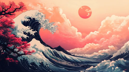 Large stylized wave meets clouded sky under distant sun