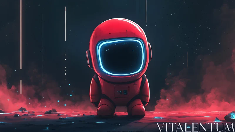 Neon-suited astronaut stands on glowing alien terrain.