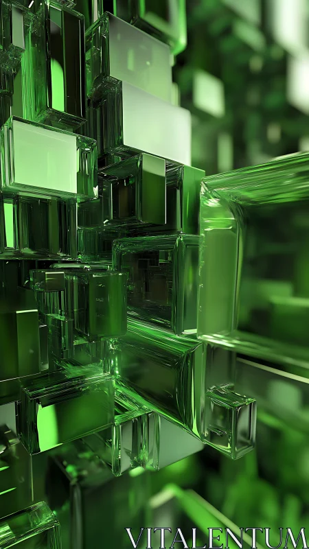 Emerald glass cubes form layered geometric abstract cityscape.