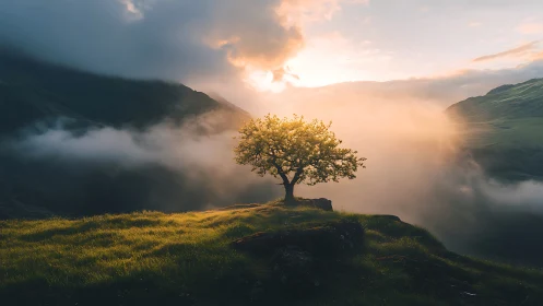 Solitary tree on misty mountain ridge at sunrise.