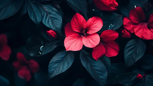 Vibrant Red Flowers Against Dark Foliage in Moody Garden