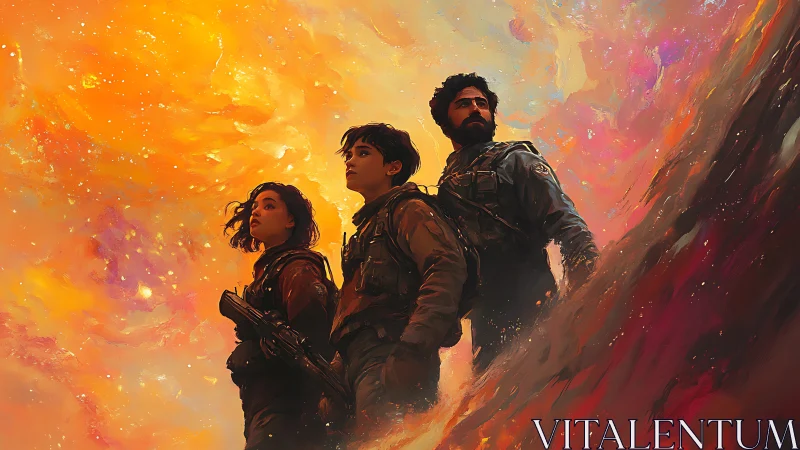 Stargazing heroes standing strong beneath a blazing sky.