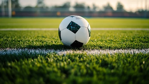Soccer ball on green pitch resting on white sideline stripe.
