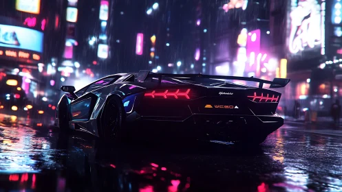 Cyberpunk hypercar profile in neon-soaked rainy streetscape.