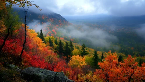 Autumn forest hillside with fog over distant valley view.