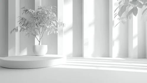 Soft monochrome sunlight crowns a lonely potted tree pedestal.