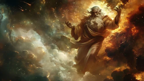 Robe-clad bearded figure amid dense luminous nebula clouds.