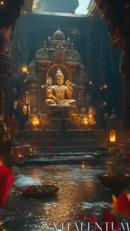 Golden temple deity glows softly in lantern lit monsoon rain
