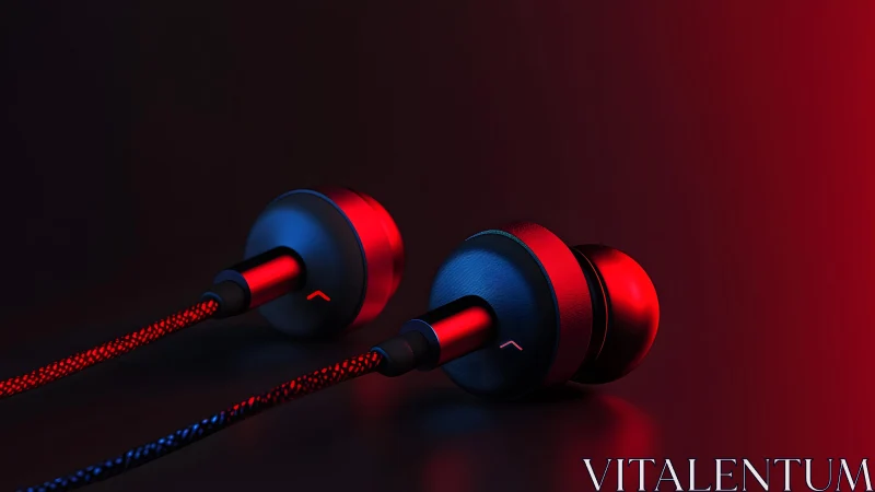 Modern in-ear headphones with braided cables in red and blue lighting.