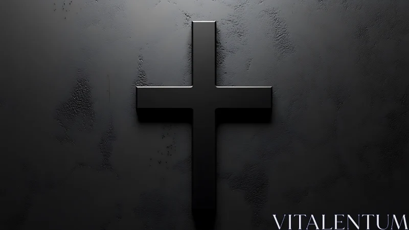 Minimalist black 3D cross on textured dark wall background.