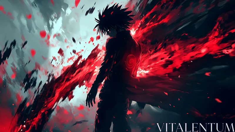 Silhouetted figure with red energy bursts in dark space.