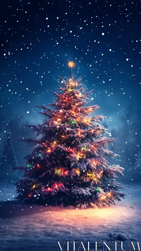 Snow covered outdoor Christmas tree glows with colorful lights