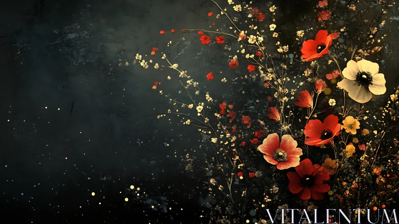 Red and Golden Blossoms Against Dark Textured Canvas.