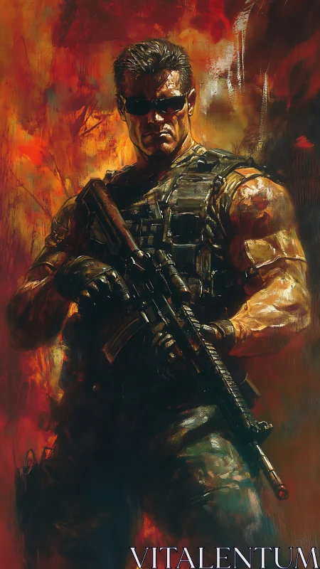 Steadfast soldier stands strong amid swirling fiery chaos.