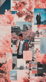 Layered urban hanami portrait in cinematic photo-collage style.