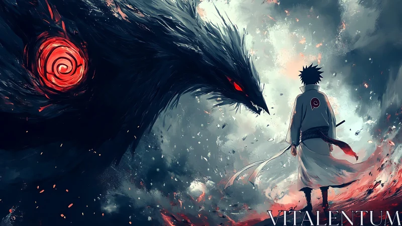 Dynamic anime confrontation with shadow dragon entity focus.