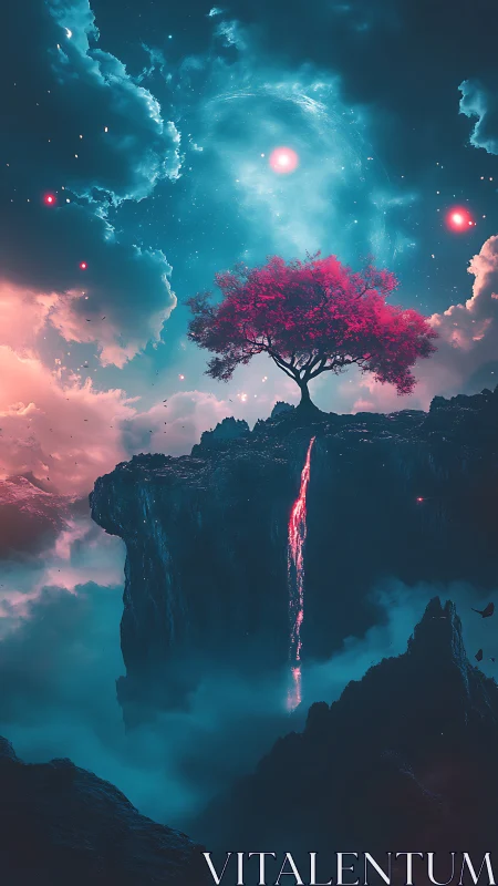 Dreamlit crimson tree watching over a glowing cosmic cliff.
